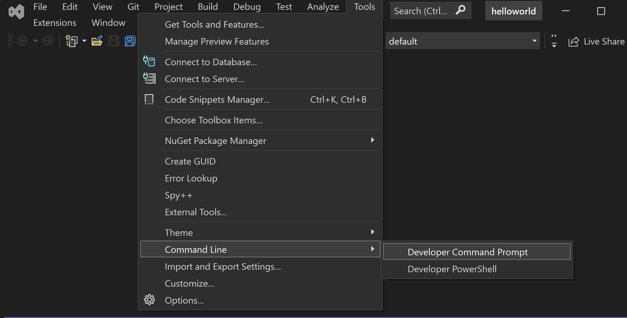 abrir el símbolo del sistema para desarrolladores de Visual Studio.
