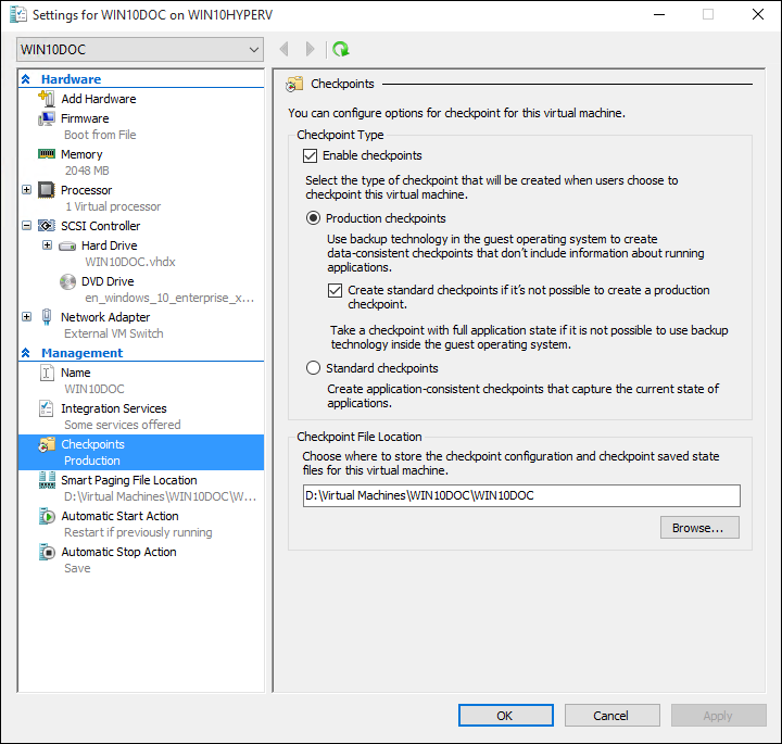 Screenshot of the options for Checkpoints in the Management section of the Hyper V Manager.