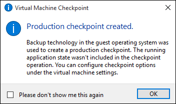 Screenshot of the dialog that confirms the checkpoint was created.