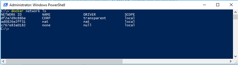 Muestra el comando de PowerShell de Docker network ls