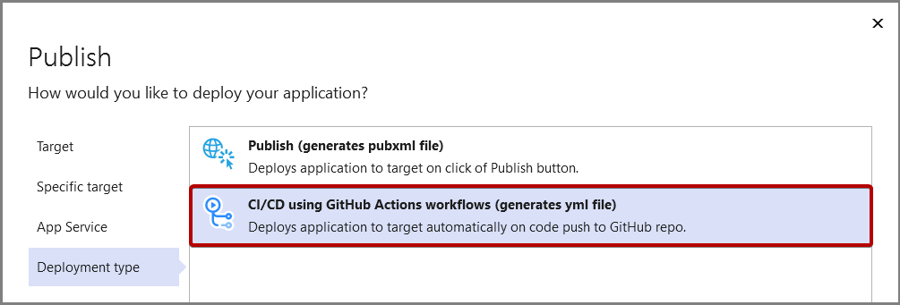 Captura de pantalla que muestra la opción publicación de CI/CD.