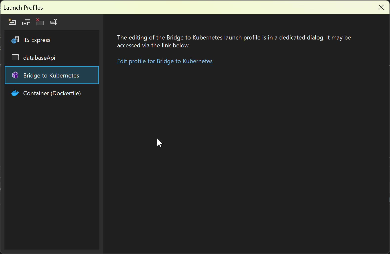 Captura de pantalla en la que se muestra la interfaz de usuario de perfiles de inicio de depuración.