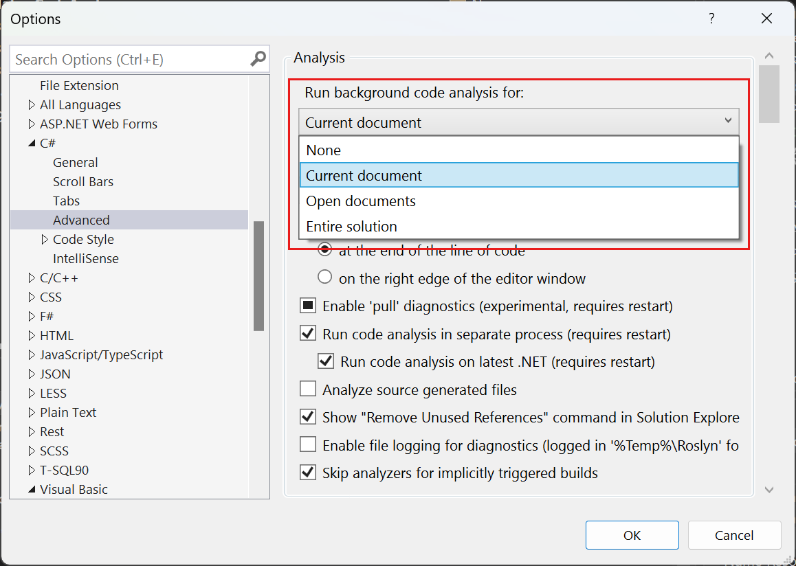 Captura de pantalla que muestra las opciones de ámbito de análisis de código en segundo plano de Visual Studio.