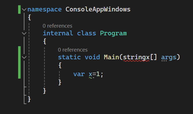Subrayados ondulados en el editor de código en Visual Studio