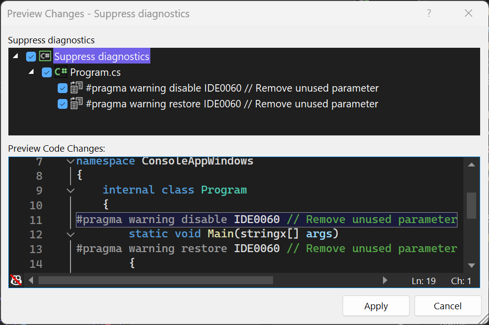 Captura de pantalla que muestra el cuadro de diálogo “Vista previa de los cambios” para agregar #pragma warning en el archivo de código.
