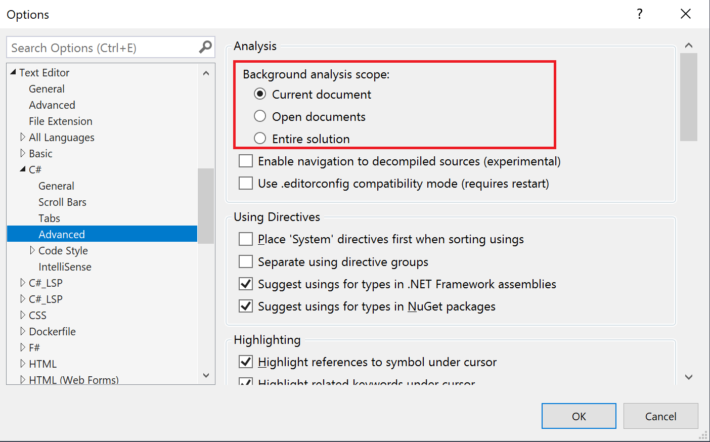 Captura de pantalla que muestra las opciones de ámbito de análisis de código en segundo plano de Visual Studio.