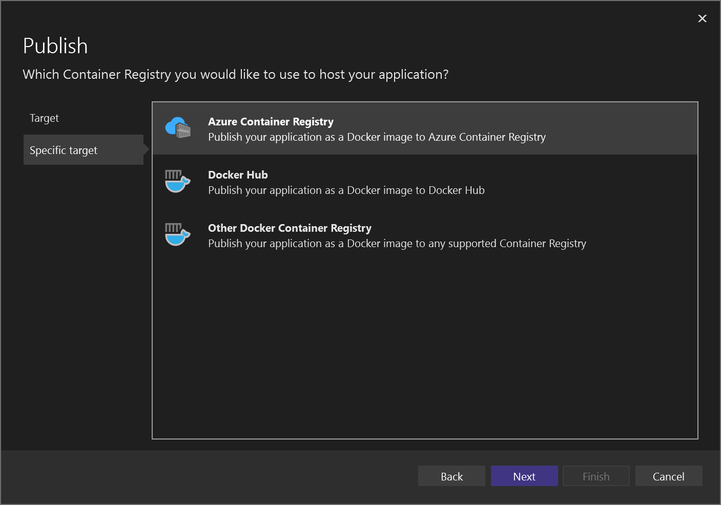 Captura de pantalla en la que se muestra elegir Azure Container Registry.