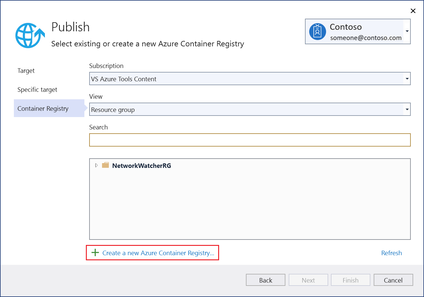 Captura de pantalla del cuadro de diálogo Publicar: elija Crear nuevo Azure Container Registry.
