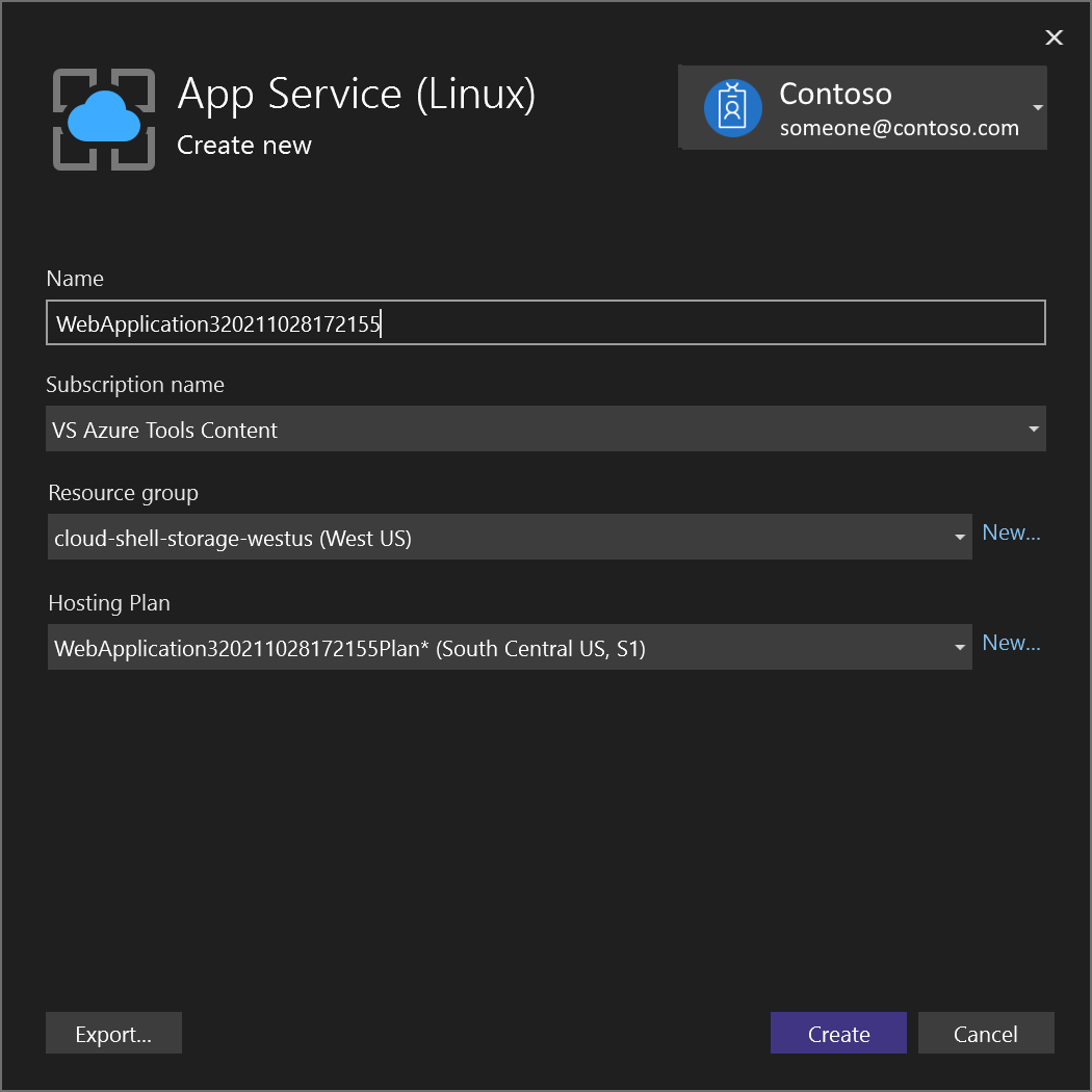 Captura de pantalla que muestra cómo se crea una instancia de App Service.