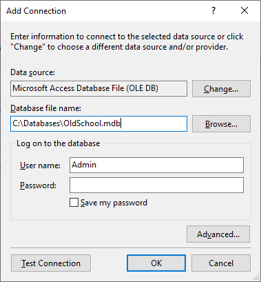 Adición de un archivo de base de datos de acceso a la conexión