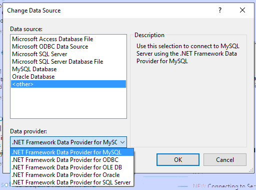 Captura de pantalla que muestra cómo cambiar el proveedor de datos ADO.NET