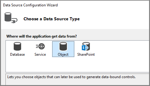 Captura de pantalla del Asistente para la configuración de orígenes de datos con el origen Objeto.