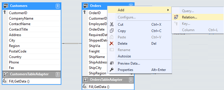 Menú de agregar relación para actualización jerárquica
