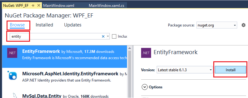 Captura de pantalla del paquete NuGet de Entity Framework.