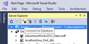 Captura de pantalla que muestra el icono Nueva conexión del Explorador de servidores