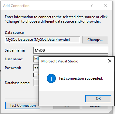 Captura de pantalla que muestra el cuadro de mensaje La prueba de conexión se realizó correctamente