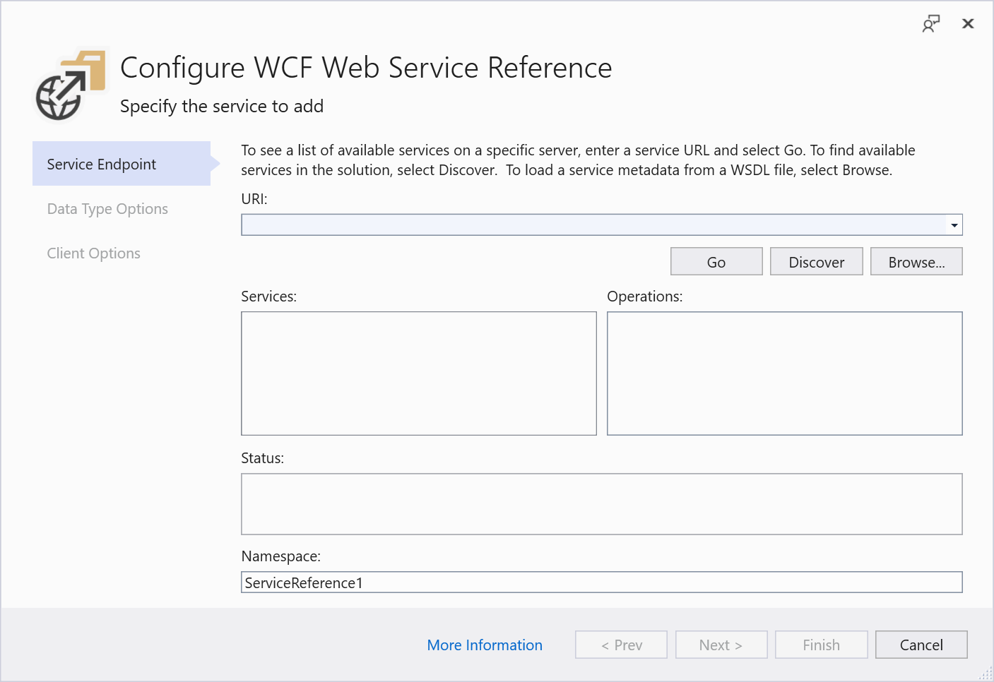 Captura de pantalla del cuadro de diálogo WCF Web Service Reference Provider