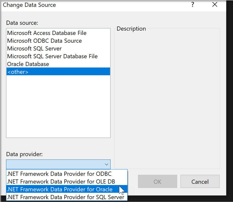 Captura de pantalla que muestra cómo cambiar el proveedor de datos ADO.NET