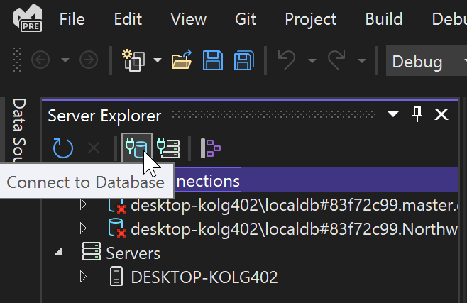Captura de pantalla que muestra el icono Conectar con la base de datos del Explorador de servidores