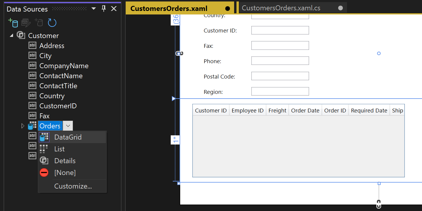 Captura de pantalla en la que se muestran las clases Orders arrastradas y colocadas como una cuadrícula.