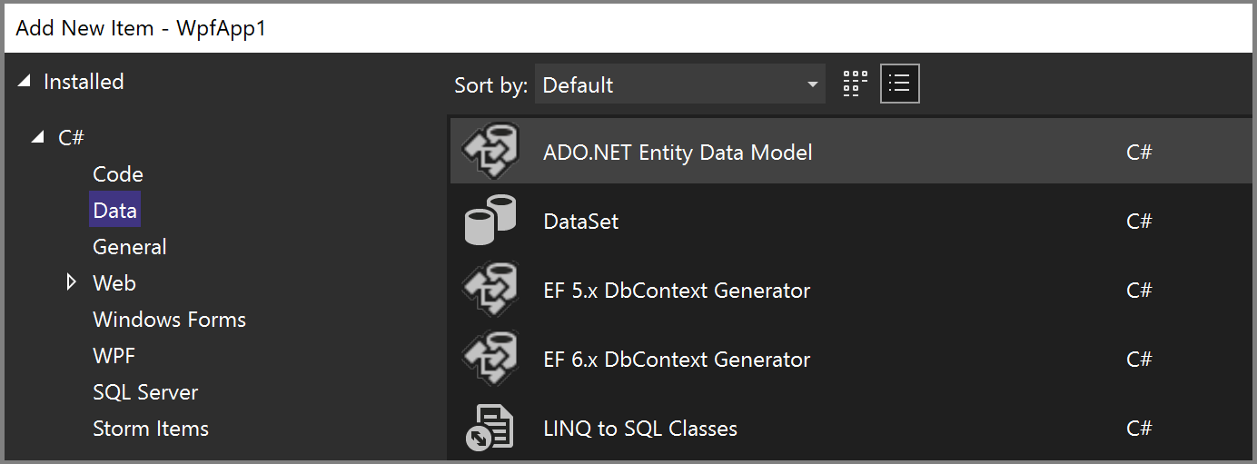 Captura de pantalla del nuevo elemento del modelo de Entity Framework.
