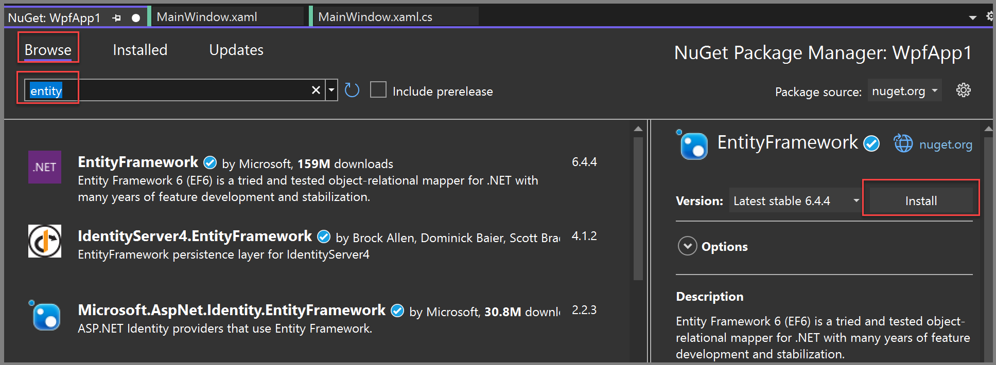 Captura de pantalla en la que se muestra el paquete NuGet de Entity Framework.