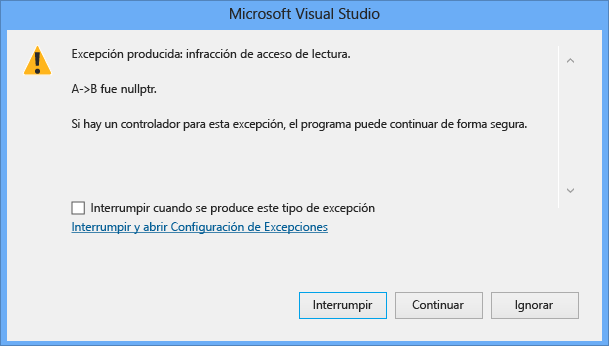 Screenshot of a Microsoft Visual Studio exception dialog, showing a read access violation for 'A->B was nullptr'. The Break button is selected.