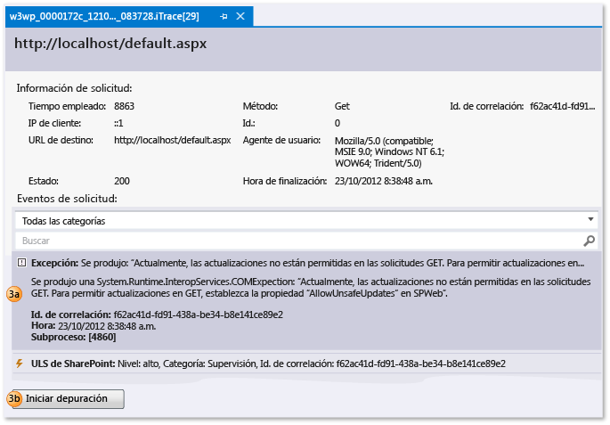 EnterSharePointCorrelationID2 IntelliTrace log file - View web request + events