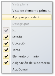 Menú de vista de acceso directo en la ventana Tareas