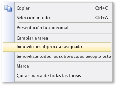 Menú de subprocesos de acceso directo en la ventana Tareas