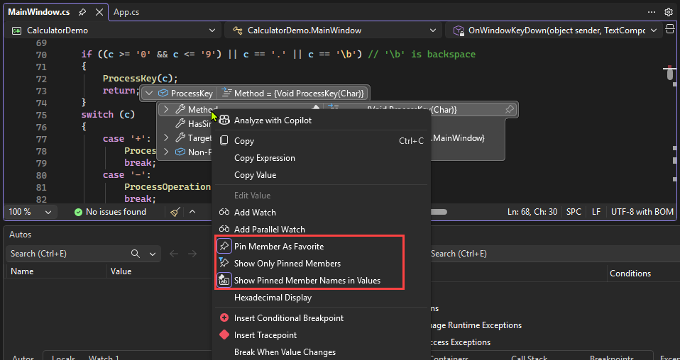 Captura de pantalla del menú contextual para miembros en una información sobre herramientas de datos de Visual Studio.