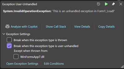 Captura de pantalla que muestra una excepción no controlada de Windows Forms.