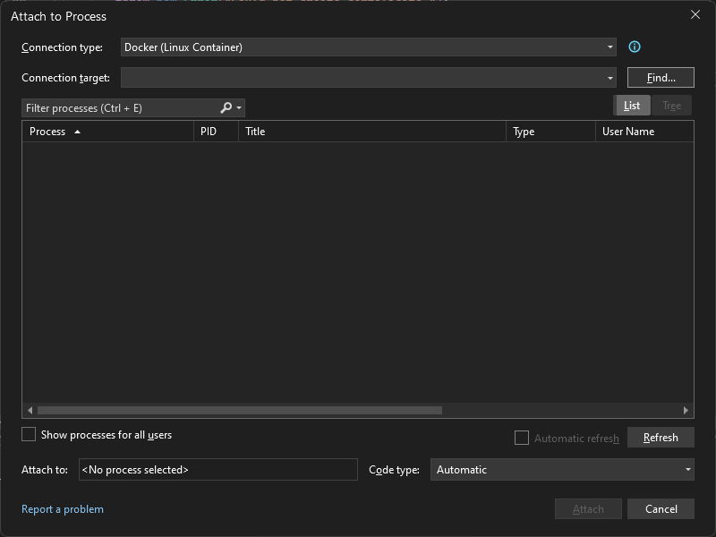 Captura de pantalla del cuadro de diálogo Asociar al proceso en Visual Studio en la que se muestra un tipo de conexión Docker (contenedor de Linux).