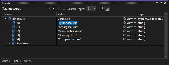 Captura de pantalla de búsqueda en la ventana Variables locales.