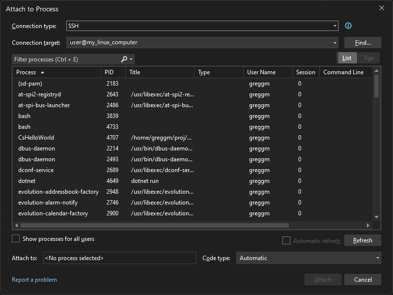 Captura de pantalla del proceso de conectarse a Linux.