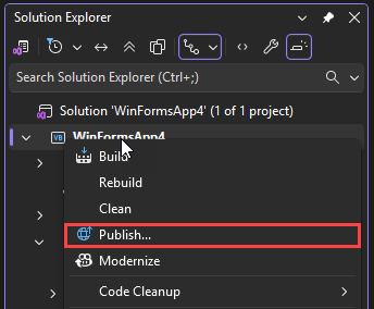 Captura de pantalla que muestra el comando Publicar en el menú contextual del proyecto en el Explorador de soluciones.