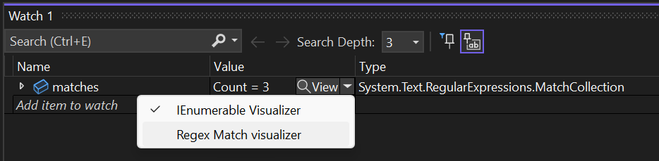 Screenshot of debugger visualizers in the watch window.