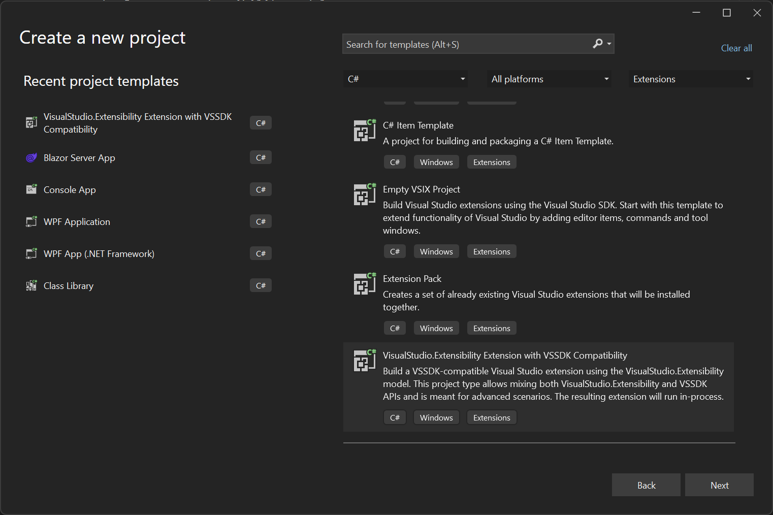 Screenshot of the VisualStudio.Extensibility in-process extension project template.