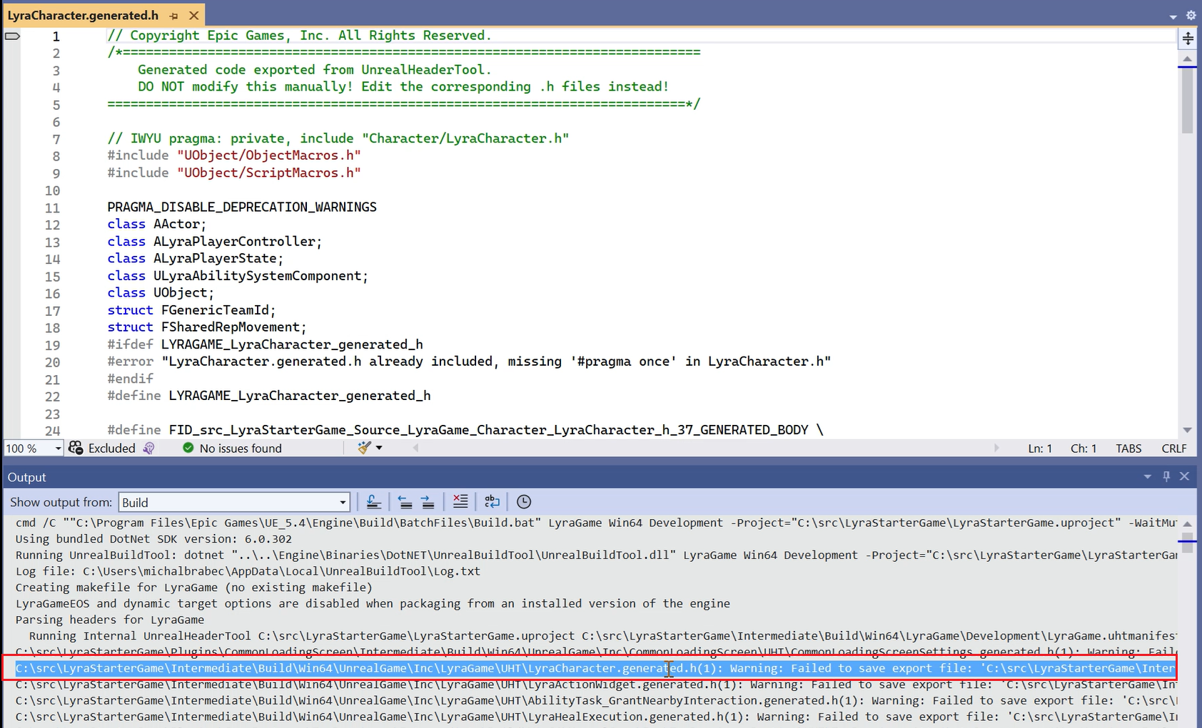 Captura de pantalla de la ventana de salida de Visual Studio. El archivo LyraCharacter.generated.h está resaltado porque se especifica la ruta de acceso absoluta y el usuario lo hizo doble clic para abrir el archivo LyrCharacter.generated.h.
