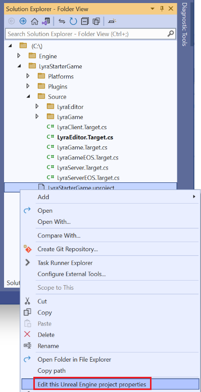 Captura de pantalla de un clic derecho en el elemento explorador de soluciones LyraStarterGame.uproject.