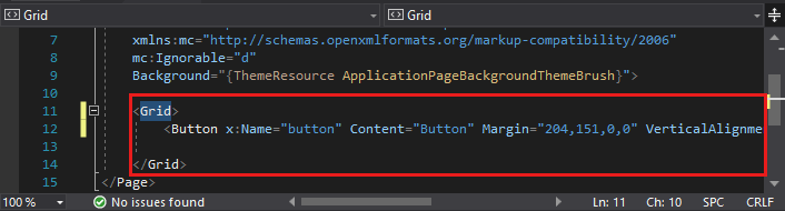 Captura de pantalla que muestra el código del botón recién agregado resaltado en el editor XAML.