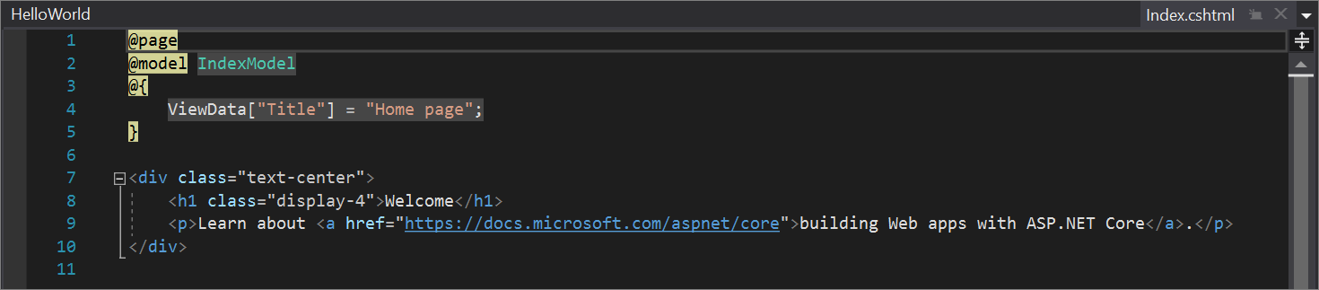 Captura de pantalla en la que se muestra el archivo Index.cshtml de la página Inicio en el editor de código de Visual Studio.