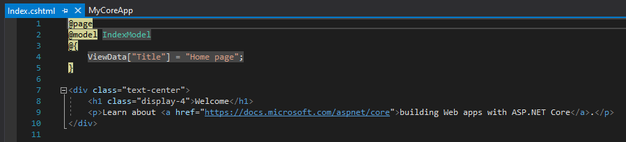 Captura de pantalla en la que se muestra el archivo Index.cshtml abierto en el editor de código de Visual Studio.