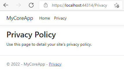 Captura de pantalla en la que se muestra la página de privacidad de MyCoreApp con un texto que indica que se use la página para detallar la directiva de privacidad del sitio.