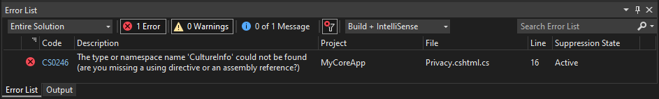 Captura de pantalla en la que se muestra la barra de herramientas Lista de errores en Visual Studio con CultureInfo en la lista y una directiva using que falta.