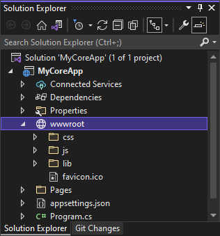 Captura de pantalla en la que se muestra la carpeta wwwroot seleccionada en el Explorador de soluciones en Visual Studio.