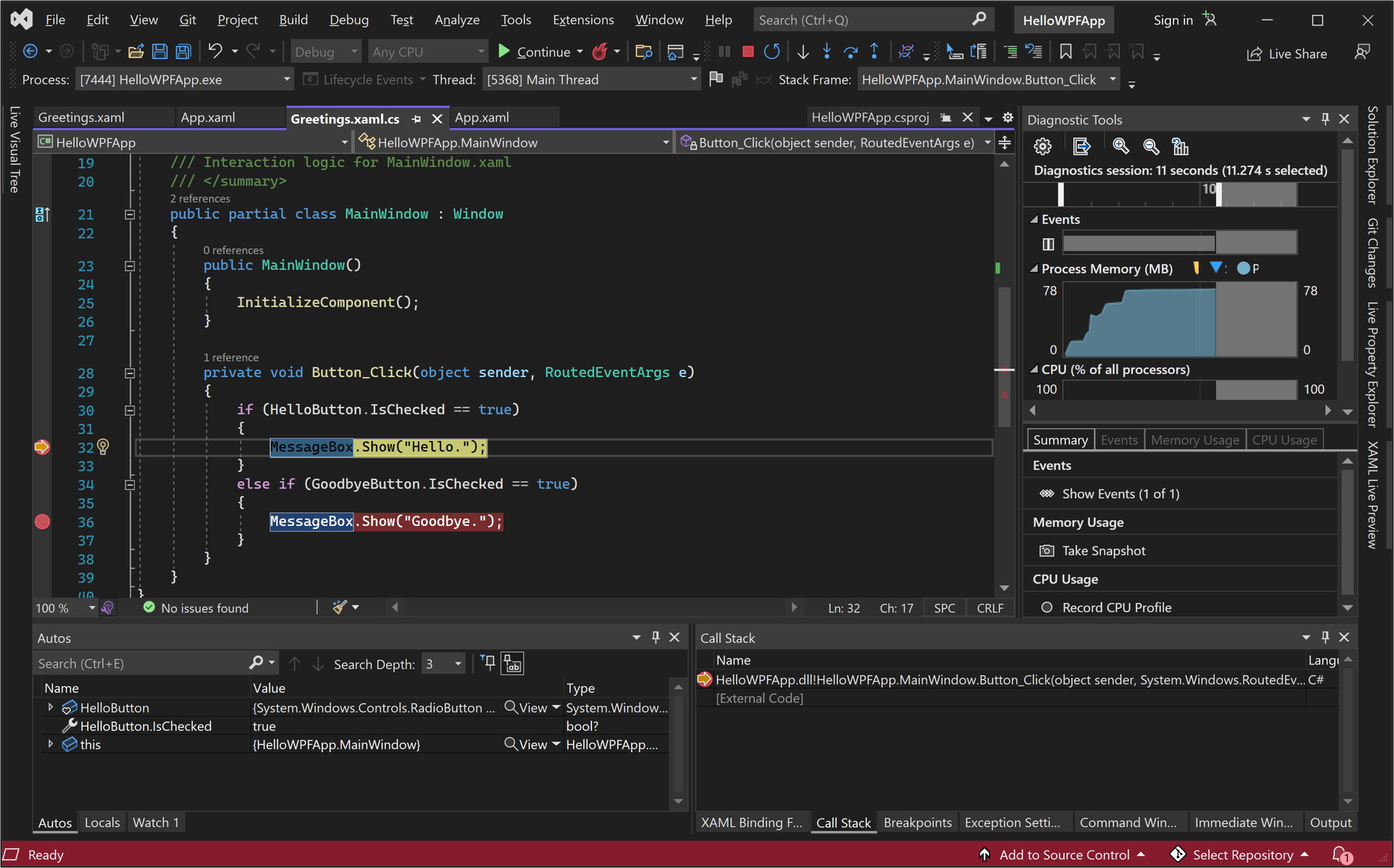 Captura de pantalla de una sesión de depuración de Visual Studio. La ventana de código para Greetings.xaml.cs muestra la ejecución detenida en un punto de interrupción con una línea resaltada en amarillo.