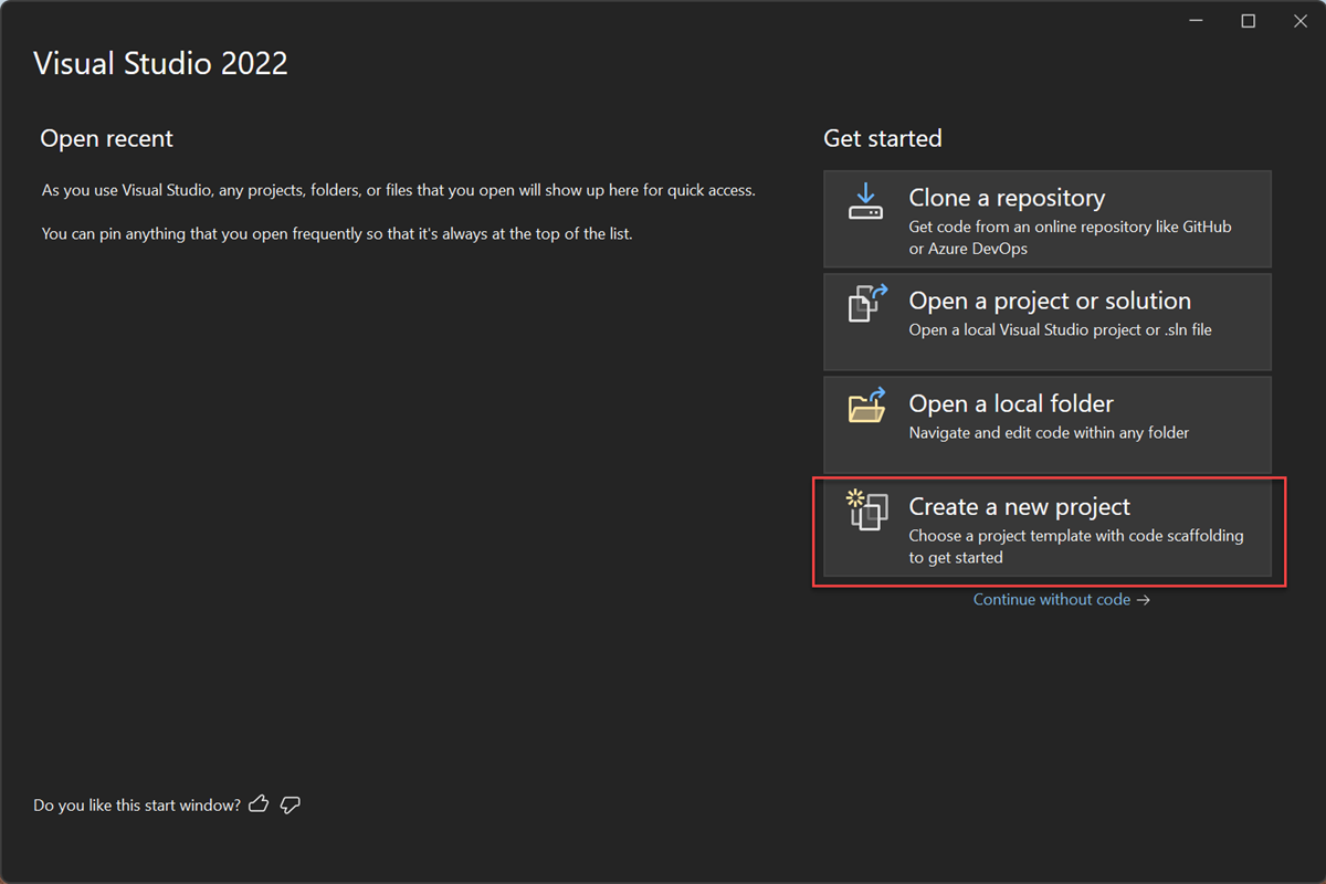 Captura de pantalla en la que se muestra la ventana de inicio Visual Studio. La opción Crear un proyecto está resaltada.