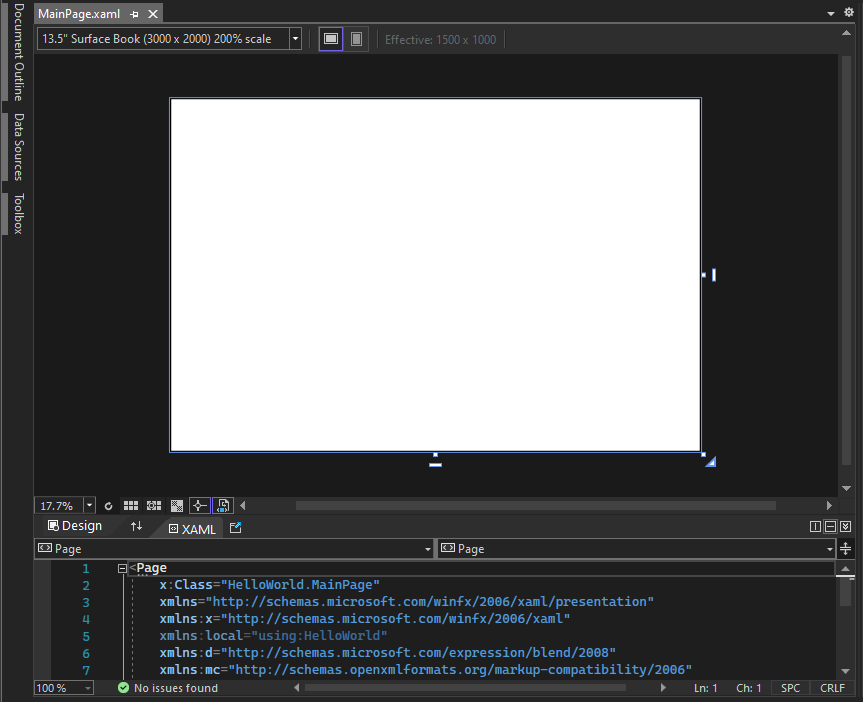 Captura de pantalla que muestra MainPage.xaml abierto en el IDE de Visual Studio. El panel Diseñador XAML muestra una superficie de diseño en blanco y el panel Editor XAML muestra parte del código XAML.