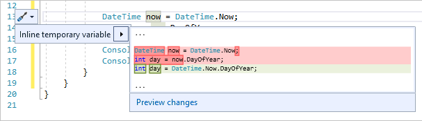 Captura de pantalla que muestra la sugerencia de variable temporal en línea en Visual Studio.